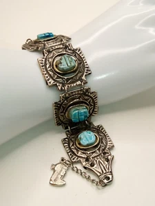 Vintage Egyptian Revival silberfarben Skarabäus Stein Armband ~ 8 1/2" lang - Bild 1 von 19