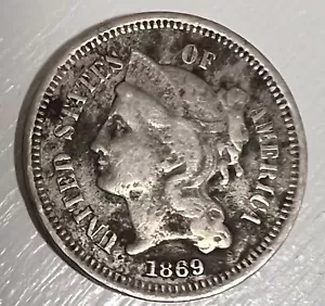 1869 US LIBERTY Nickel 3 Cent Coin - Picture 1 of 2