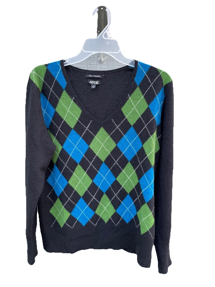 Apt 9 Womens argyle cashmere v-neck sweater XL black blue green Office Soft - Image 1 of 4