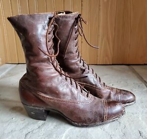 Victorian Late 1800's Brown Leather Lace Up Ladies Vintage Boots