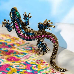 NWOT! Lizard Green & Pink Rhinestone Gold-Tone 2.5" Brooch Pendant! - Bild 1 von 8