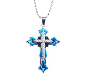 Exquisite Mens Titanium Cross Pendant/Amulet with Zircon on 22" Necklace - Picture 1 of 3