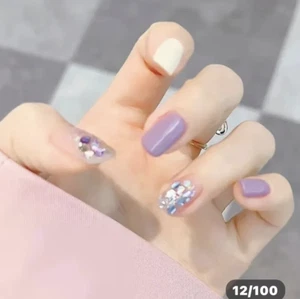 24pcs S Squoval Purple White Glitter Fake Nail False Nails Press On Nails Glue - Picture 1 of 8