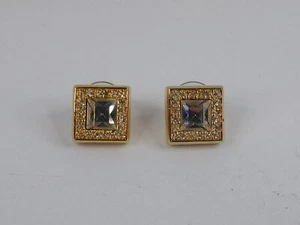Vtg SAL Swarovski Large Square Emerald Cut Crystal Gold Tone PosT Earrings - Picture 1 of 5