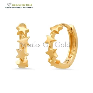 14k Solid Yellow Gold Star Huggie Hoop Earrings Handmade Jewelry Gift For Wife - Picture 1 of 5