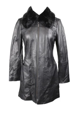 Casaco de caminhada Anne Klein preto de couro com colarinho de pele sintética P - Imagem 1 de 3