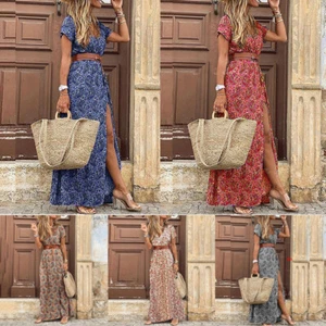 Womens Summer Boho V Neck Long Maxi Dress Ladies Casual Holiday Sundress Beach - Picture 1 of 17