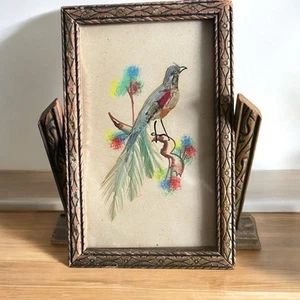 Vintage 3 x 5 miniatura uccellino arte piuma messicana cornice girevole arte popolare - Foto 1 di 10