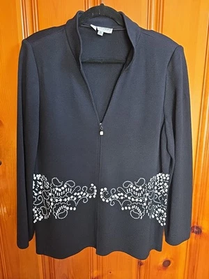 St. John Black and White Zippered Cardigan with Beaded Pattern Size 16 - Image 1 of 4