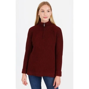 Lands' End Partial Zip Mock Neck Ribbed Knit Winter Sweater Red Black Combo, S - Picture 1 of 10