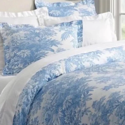 Pottery Barn Matine Toile Duvet + 2 Euro Shams Blue Cotton Linen 2014 Queen/Full - Image 1 of 4