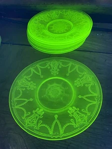 Vintage Cameo Ballerina Green Glass 6” Dessert /Sherbet Plates ~Set Of 8~ - Picture 1 of 9