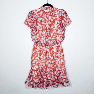 Neu THML rot & blau Blätter bedruckt gesmokter Ausschnitt Rüschen Skaterkleid Größe Small - Bild 1 von 9