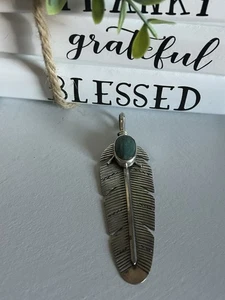 STERLING SILVER Turquoise LARGE Feather Pendant 12.6 Grams BEAUTIFUL! - Picture 1 of 7