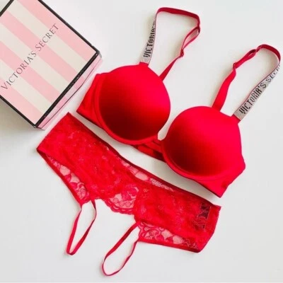 34D MEDIUM Victorias Secret red bling pushup bra set ouvert  cheeky panties - Image 1 of 4