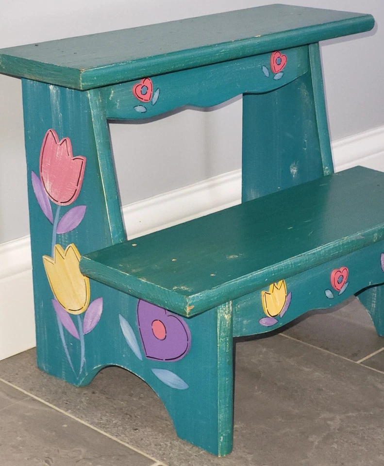 Vintage Shabby Chic A Touch of Class Tulip Twirl Floral Turquoise Step Stool - Image 1 of 4