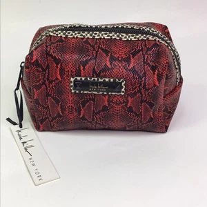 Nicole Miller Red Vinyl Snakeskin Print Cosmetic Bag Travel Zips NEW - Picture 1 of 8