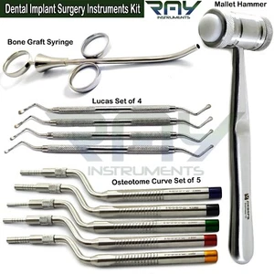 Dental Sinus Offset Osteotome Set Surgical Lucas Curettes Bone Graft Syringe Kit - Picture 1 of 5