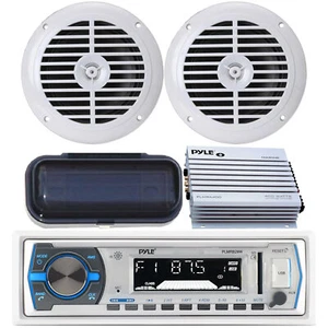 Pyle PLMRB29W Marine Boat MP3 USB AUX WMA AM FM Radio Pair Speakers + Amp Pkg - Picture 1 of 5