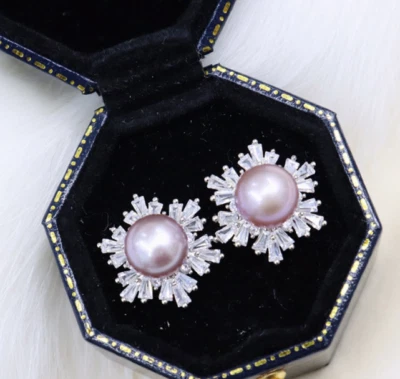 PAIR 11MM NATURAL SOUTH SEA GENUINE PINK LAVENDER PEARL EARRING 1028AAA - Image 1 of 2