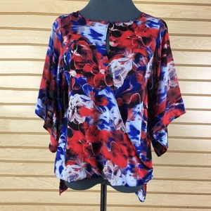 NWT Jennifer Lopez Faux Wrap Blouse Women PM Red Floral Polyester Pullover - Picture 1 of 14
