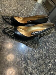 Vtg Proxy Women Shoes Black Gold 9.5M Leather Slip On Studded Heels Pumps