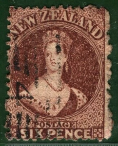 NEW ZEALAND QV Chalon Stamp SG.122var 6d THICK PAPER VARIETY(1864) Used* BLACK85 - Picture 1 of 6