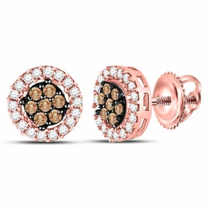 10kt Rose Gold Round Brown Diamond Flower Cluster Earrings - Picture 1 of 1