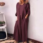 Robe Caftan Solide Baggy Femmes Coton Lin Maxi Robe ??Quipage Cou Manches Longue