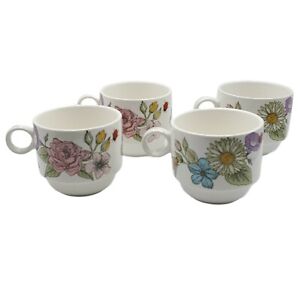 Oriental Floral Duck Egg Blue Cup Set Of 4 Stacking Mugs Porcelain Cottage