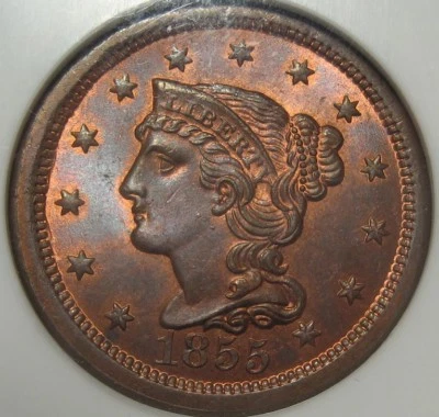 = Centavo grande 1855 NGC MS65 RB vertical 55 PELO TRENZADO, envío GRATIS Foto 1 de 3