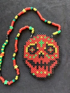 Kandi Perler Necklace - Red Sugar Skull - EDC EDM Rave Dance - Picture 1 of 4
