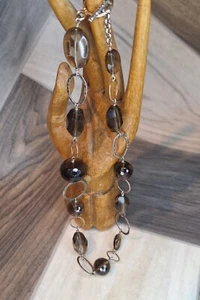 Sterling Silver & Faceted Smokey Quartz Asymmetrical Necklace Hammered Links 925 - Picture 1 of 10