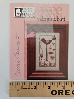 Heart in Hand VALENTINE BIRD Wee One X-Stitch Pattern & Button by Cecilia Turner - Image 1 of 3