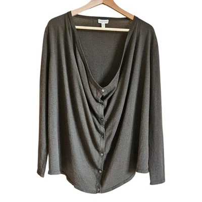 Garnet Hill 100% Cashmere Draped Button Front Top Sweater Green Women's Medium - Image 1 of 4