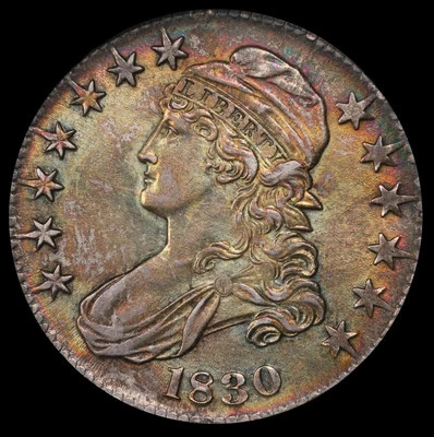 Medio dólar busto con tapa 1830 pequeño 0 O-115 50C NGC AU58 OH monstruo en tono arco iris Foto 1 de 4