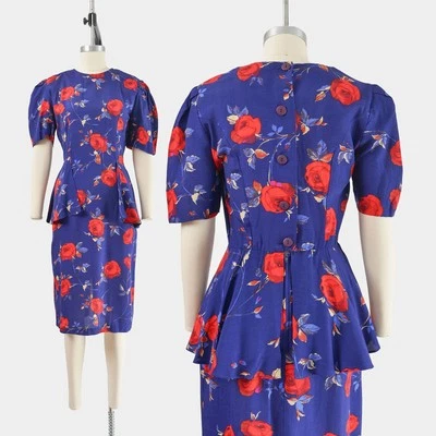 Vintage 80s does 40s Floral Peplum Waist Puff Sleeve Wiggle Pencil Midi Dress S - Image 1 of 4