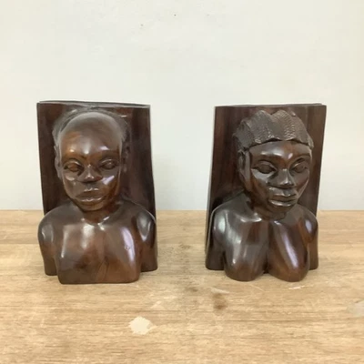 Beautiful pair of Exotic African Hardwood Hand Carved Tribal Man Women Bookends  - Image 1 of 4