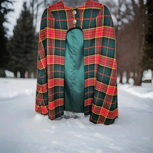 VTG Handmade Tartan Plaid Wool Cape Coat Green Red Christmas Outlander Style - Picture 1 of 13