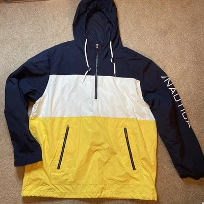 Nautica Hooded Jacket Mens XXL  Spellout Embroidered 1/4 Zip Yellow Navy Blue - Image 1 of 4