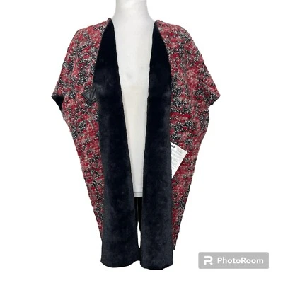 Poems Women's Red Black Woven Wool Blend Cape Poncho Faux Fur Lining Italy - Image 1 of 4
