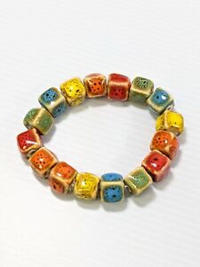 Artisan Colorful Multi Color Square Glazed Ceramic Bead Stretch Bracelet 