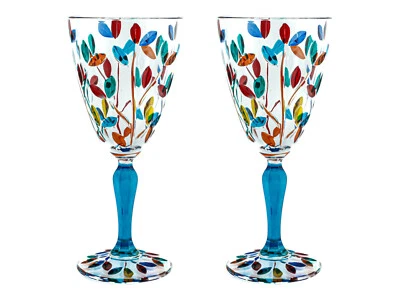 Pair of Murano Wine Glasses Multi Light Blue Stem Hand Painted Venice Made Italy - Image 1 of 4
