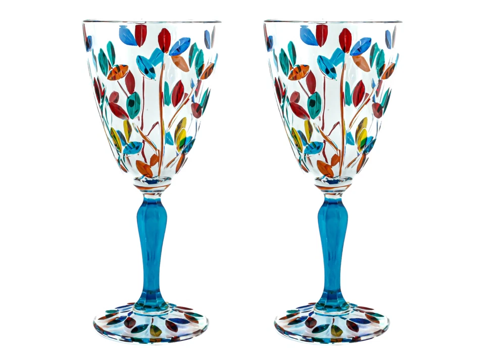 Pair of Murano Wine Glasses Multi Light Blue Stem Hand Painted Venice Made Italy - Image 1 of 4