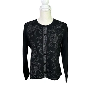 Jones New York Black Wool Cardigan Sweater Small Embroidered Silver Thread - Picture 1 of 7