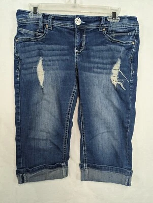 Ariya Jeans Womens 5/6 Blue Denim Capri Cuffed Embroidered Distressed - Изображение 1 из 4
