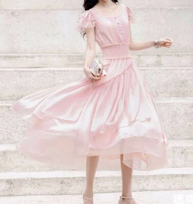 Custom Made To Order Scoop Neck Smocked Waist Chiffon Midi Dress plus1x-10x Y761 - Image 1 of 4