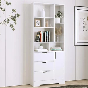 71" Wooden Bookshelf & Bookcase w/Door, 3 Drawers Tall 4-Tier Open Book Shelves⭐ - Picture 1 of 8