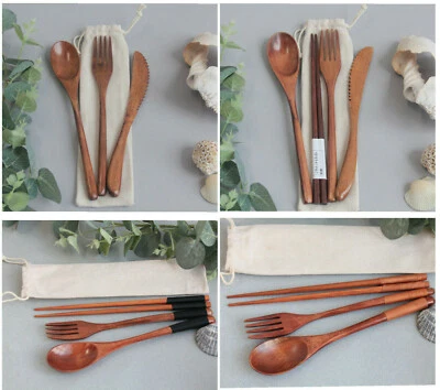 Portable Wooden Bamboo Cutlery Set Fork Spoon Chopsticks Reusable Travel - Image 1 of 4