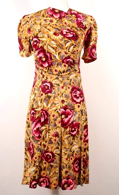 VTG Women's 30s Colorful Yellow Floral Rayon Jersey Knit Dress XS/S 1930s - Image 1 of 4